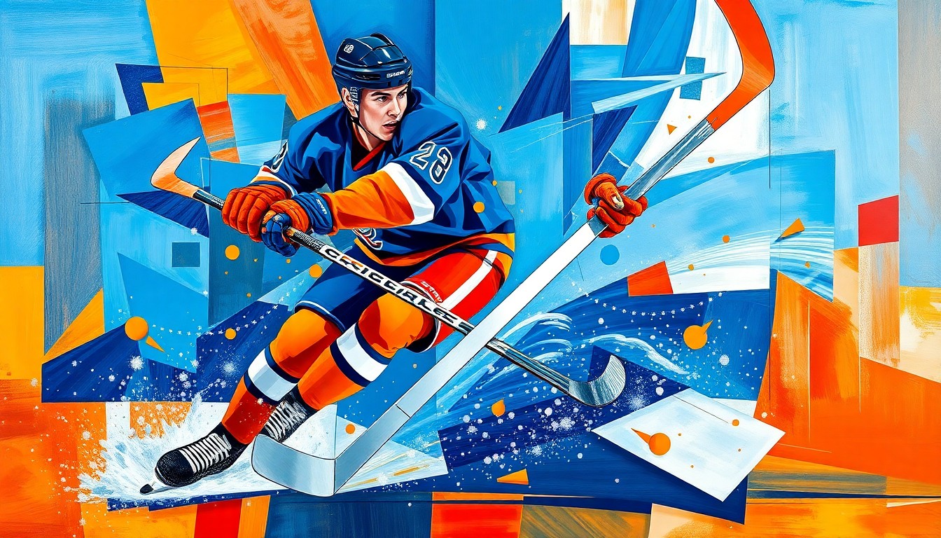 A cubist, geometric painting depicting a hockey player scoring a goal, with sharp, overlapping planes of color representing the dynamic motion and energy of the moment.