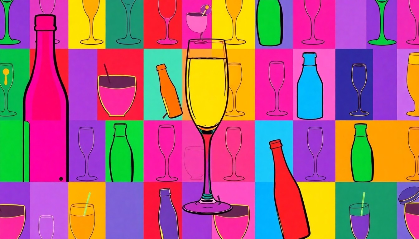 A high-contrast silkscreen print of a champagne flute repeated in a grid pattern, using vibrant neon colors and heavy black outlines to transform the everyday luxury item into a modern pop art piece.