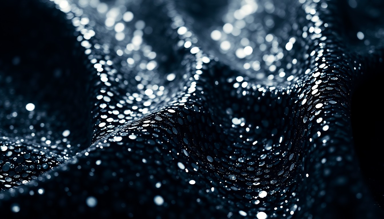An extreme close-up photograph of shimmering, high-contrast sequins and velvet textures, conceptually representing the glamour and legacy of Michael Jackson's life and career.
