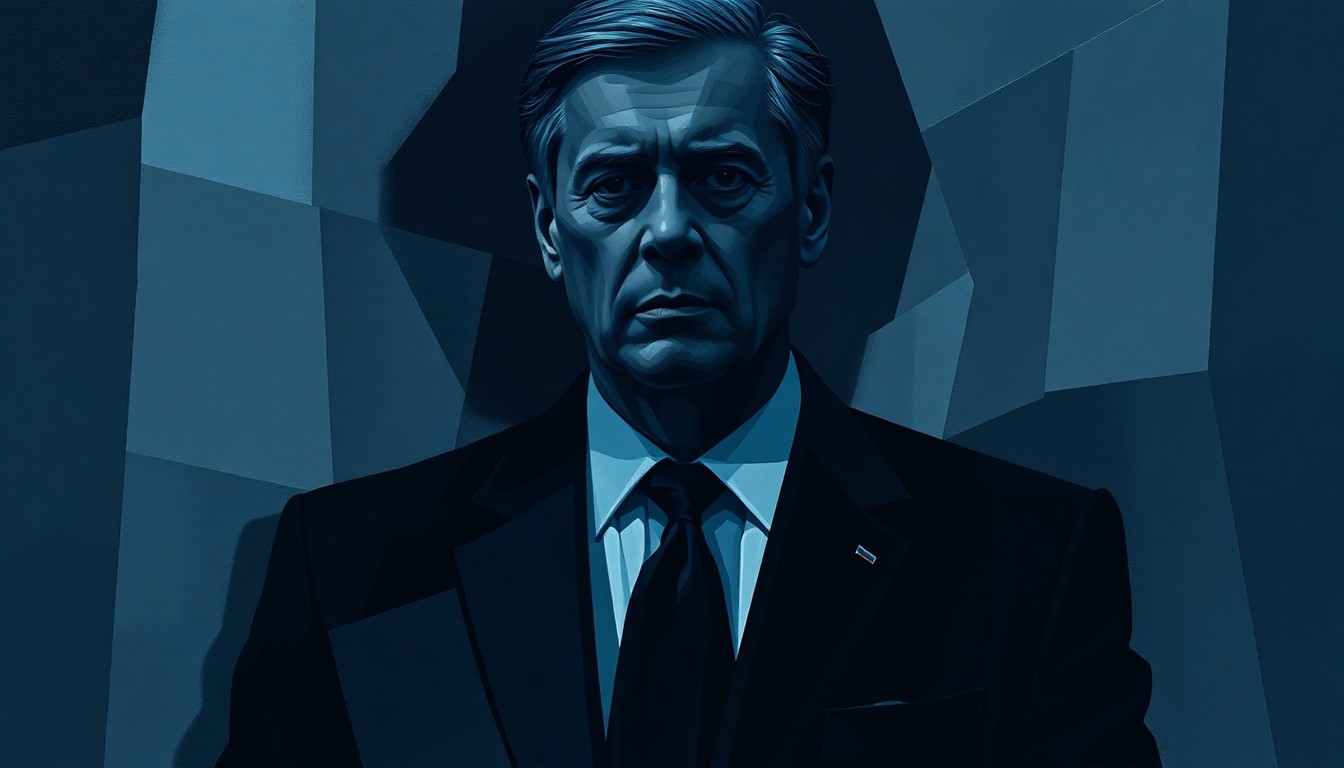 A dynamic, abstract painting featuring overlapping geometric shapes and fractured lines in shades of blue, grey, and black, conceptually representing the political tensions surrounding the arrest of a former Brazilian intelligence official.