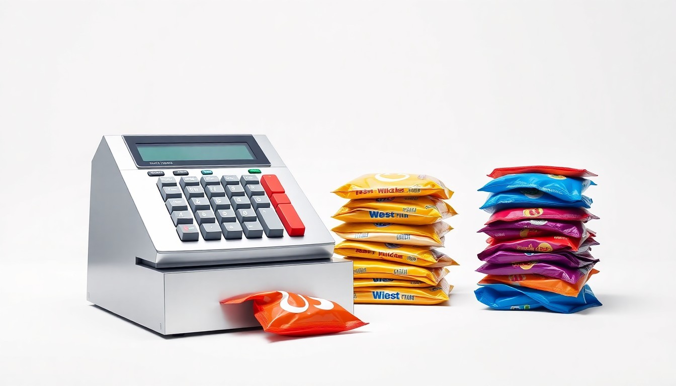 A minimalist, high-end studio still life photograph featuring a polished metal cash register and colorful snack bags, conceptually representing the strategic shifts in the convenience store industry.