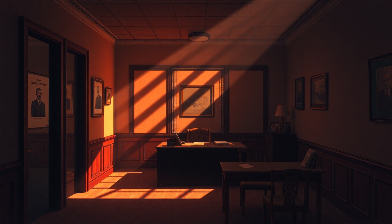 A dimly lit, cinematic painting of an empty New York City Council office, with warm sunlight streaming through the window and casting deep shadows across the room, conveying a sense of quiet contemplation and the unseen work of local government.