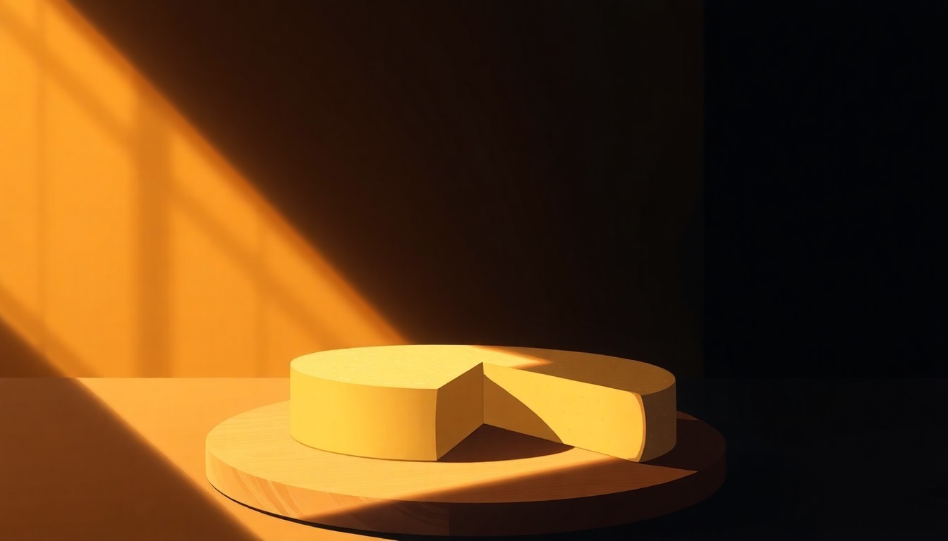A photorealistic painting of a cheese platter on a wooden table, with the platter bathed in warm, golden light and surrounded by deep shadows, conceptually representing an educational event on ranked choice voting through a cheese tasting.