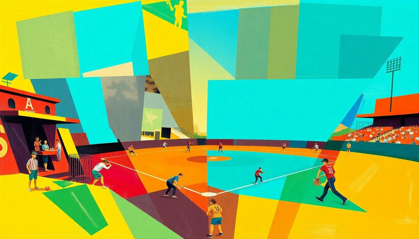 A cubist, geometric painting depicting a fractured softball game, with overlapping planes of maroon, gold, teal, and orange representing the colors of Arizona State University and the AUSL professional league.