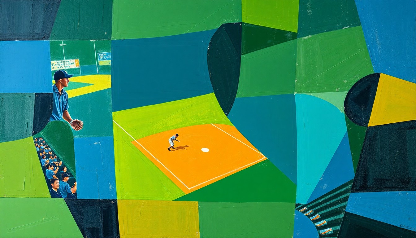 A cubist-style painting depicting a softball game broken down into sharp, overlapping geometric shapes in navy, green, and ochre, conveying the energy and intensity of the matchup between the two teams.