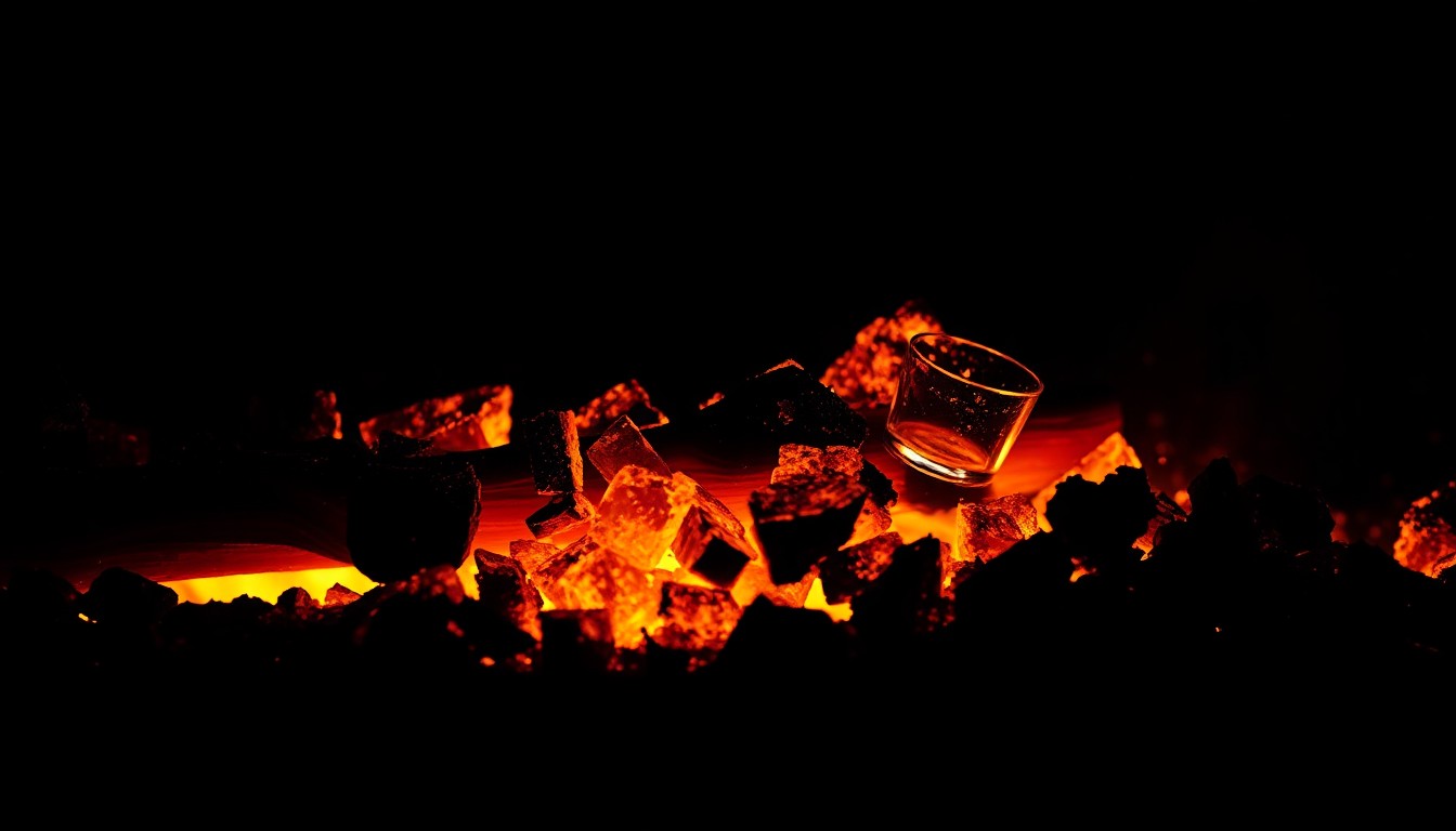 An extreme close-up photograph of charred wood and melted glass from the remains of a fire, conveying the gritty, investigative nature of the incident.