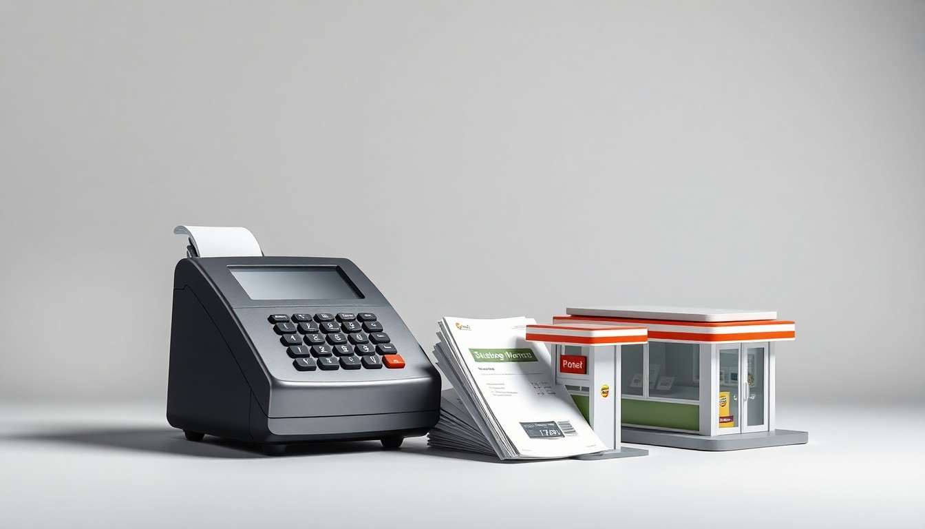 A high-end, photorealistic studio still-life photograph featuring a sleek cash register, a stack of financial reports, and a stylized model of a convenience store, all arranged elegantly on a clean, monochromatic background to convey a sense of corporate strategy and market changes in the retail industry.