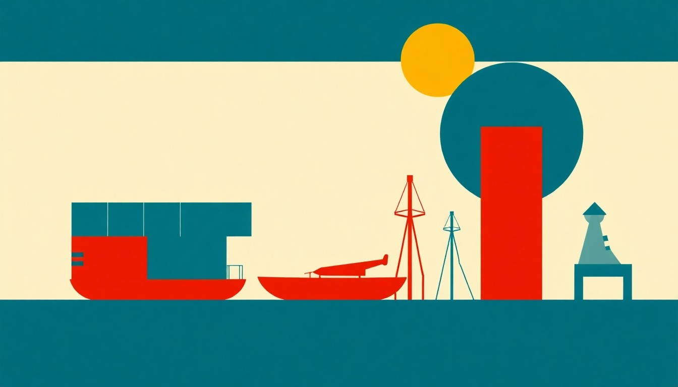 An abstract composition of overlapping triangles and rectangles in shades of blue, red, and yellow, conceptually representing the impact of the Iran war on global trade patterns.