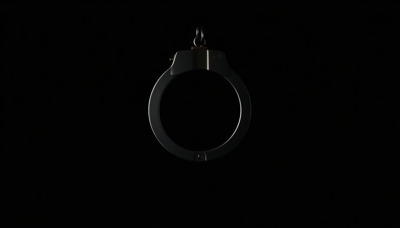 An extreme close-up of a single handcuff against a pitch-black background, creating a stark, investigative visual metaphor for the arrest of a suspect with an outstanding warrant.