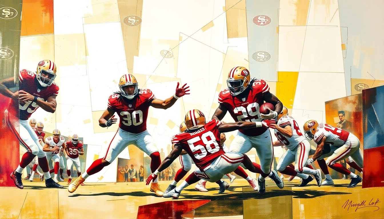A fragmented, geometric painting depicting a San Francisco 49ers defensive play, with the player's movements and the ball's trajectory broken down into sharp, overlapping shapes and planes.