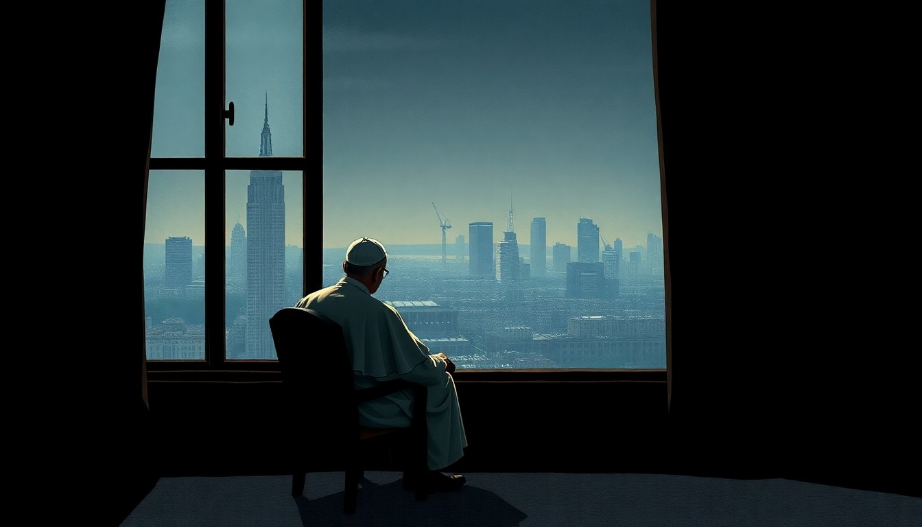 A moody, cinematic painting depicting a lone figure seated in a dimly lit room, gazing out a window at the distant city skyline, conceptually representing the moral and political tensions surrounding the pope's role in global affairs.