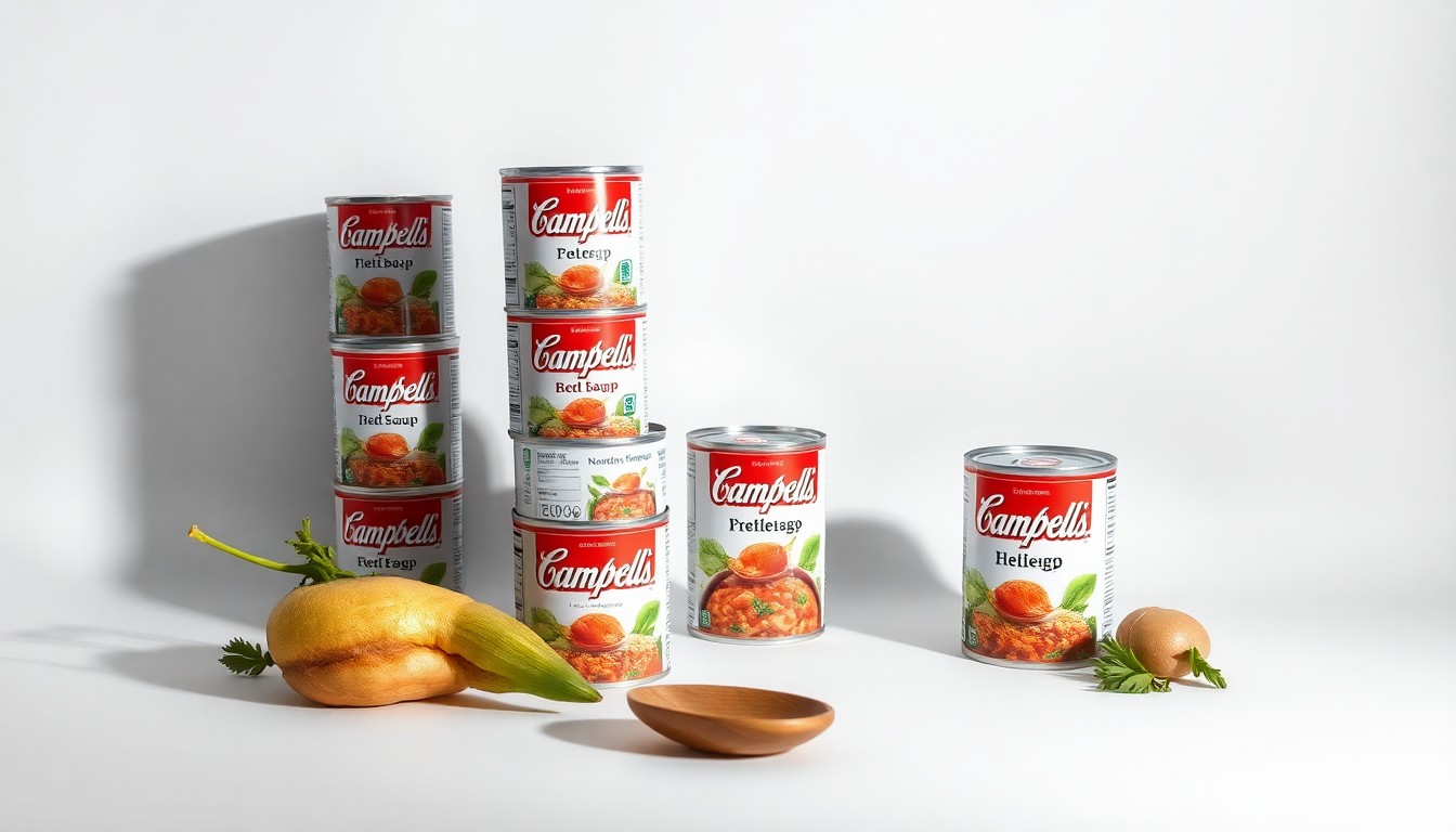 A high-end, photorealistic studio still-life featuring a stack of Campbell's soup cans, a fresh vegetable, and a wooden spoon arranged elegantly on a clean, white background, conceptually representing the company's commitment to nourishing communities.