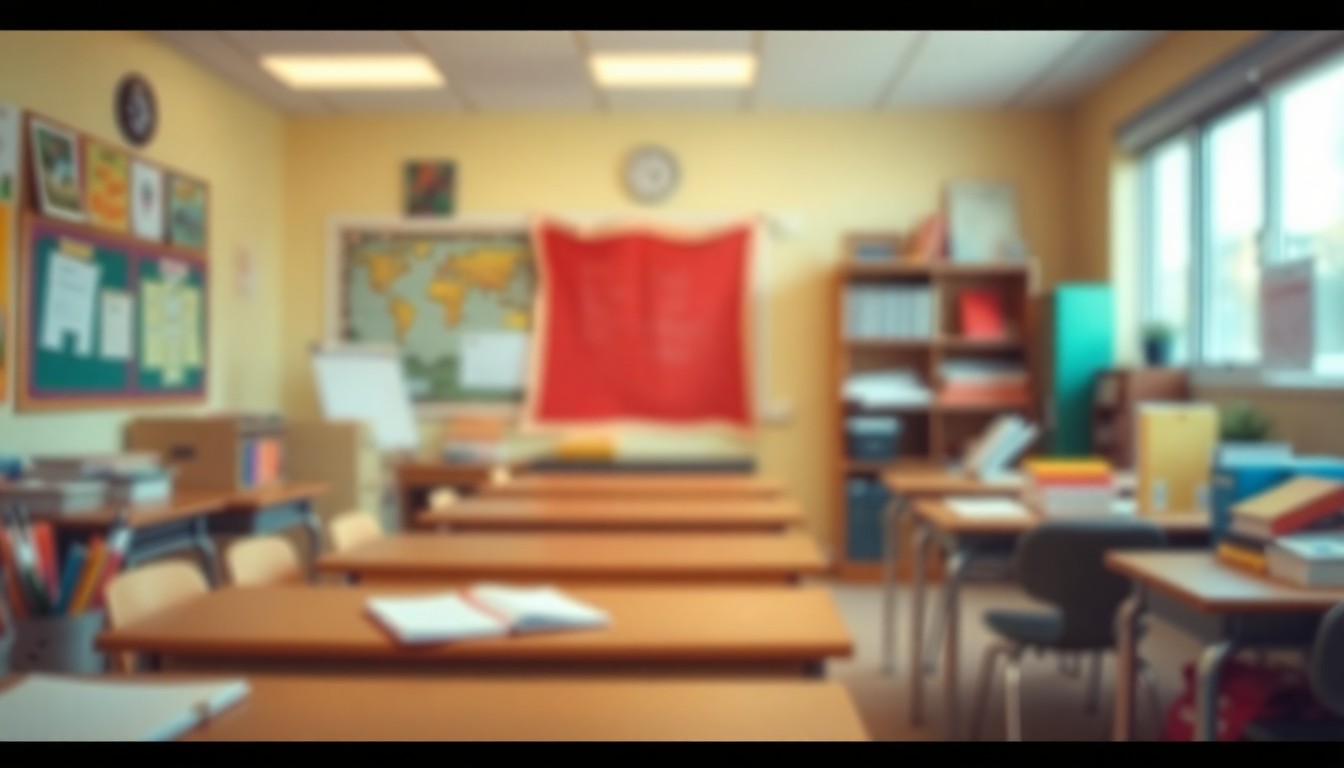 An extremely abstracted, out-of-focus photograph of a classroom setting, with blurred shapes of school supplies, books, and educational materials in a warm, hazy color palette, conceptually representing the impact of Casey's educational grants.