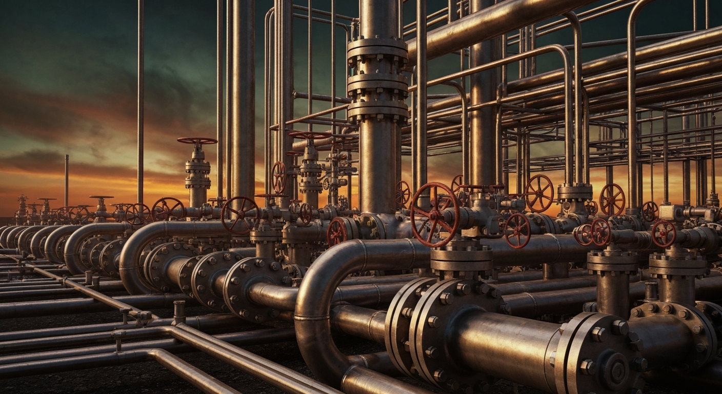 An extreme close-up of a tangle of industrial oil pipelines, valves, and machinery, conveying the complex and fragile nature of the global energy supply system disrupted by the US-Iran conflict.