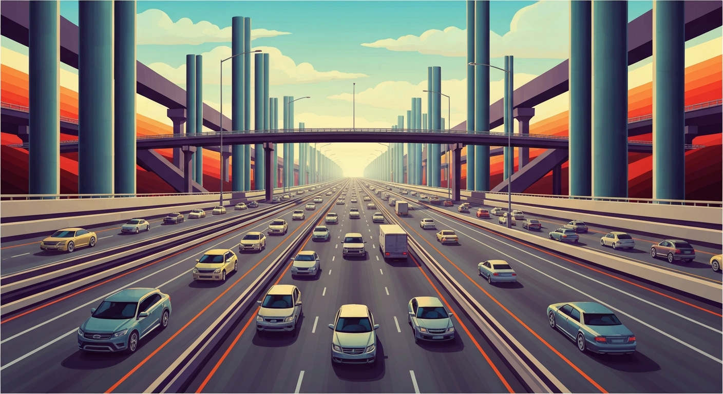 A highly stylized, geometric illustration depicting the sweeping curves and towering overpasses of a major highway, rendered in smooth, airbrushed gradients of blues and grays to convey the scale and momentum of vehicular traffic.