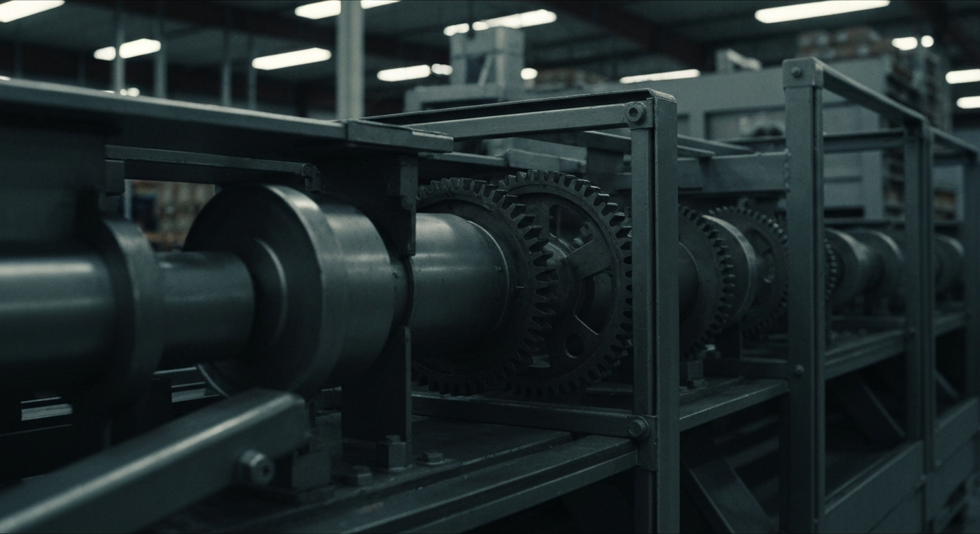A close-up, black-and-white photograph of the complex machinery and conveyor belts inside a large-scale food distribution warehouse, representing the industrial infrastructure that enables United Natural Foods to deliver a wide range of natural and organic products to retailers and consumers.