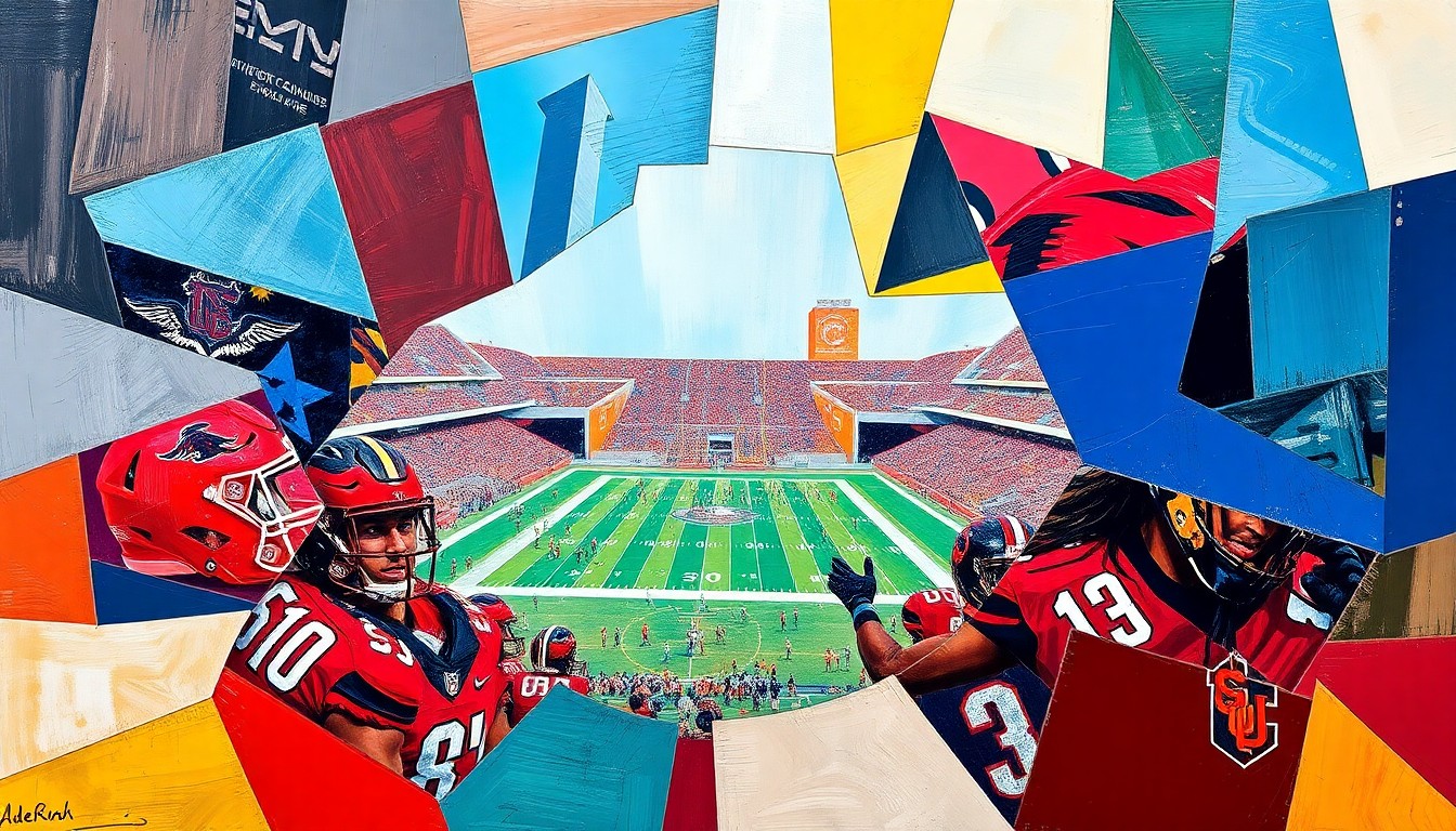 A fractured, geometric painting depicting a football player in motion, with sharp planes of color representing the different schools vying for his commitment.