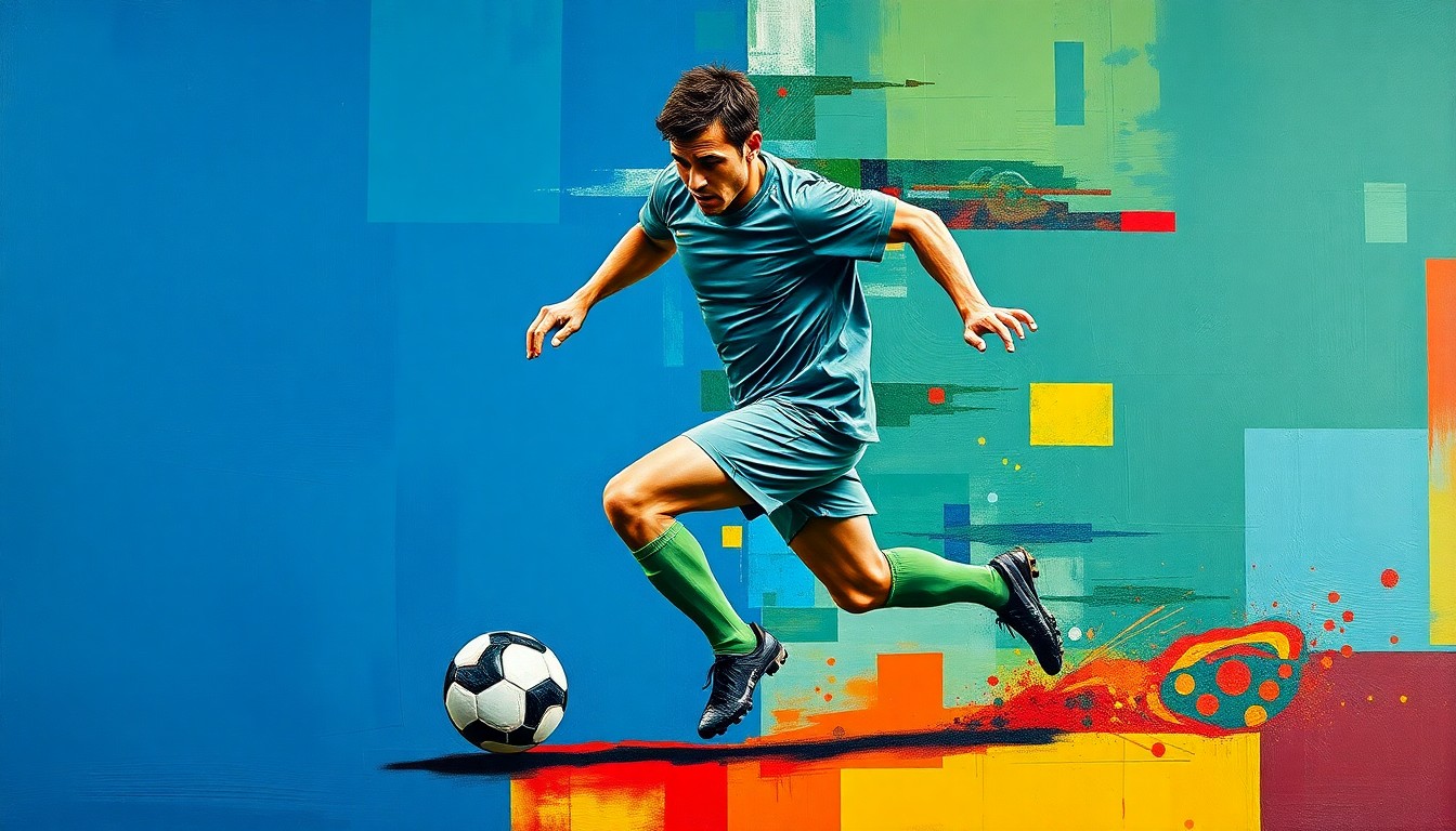 A cubist, geometric painting depicting a soccer player in mid-stride, their body fractured into overlapping planes of deep blues, greens, and reds, conveying the disruption caused by Abou Ali's injury to the Crew's season.