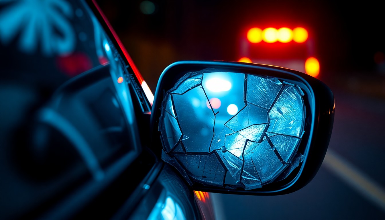 An extreme close-up photograph of a shattered car side mirror reflecting the faint glow of emergency vehicle lights, creating a stark, gritty, investigative aesthetic to conceptually illustrate the aftermath of a hit-and-run collision.