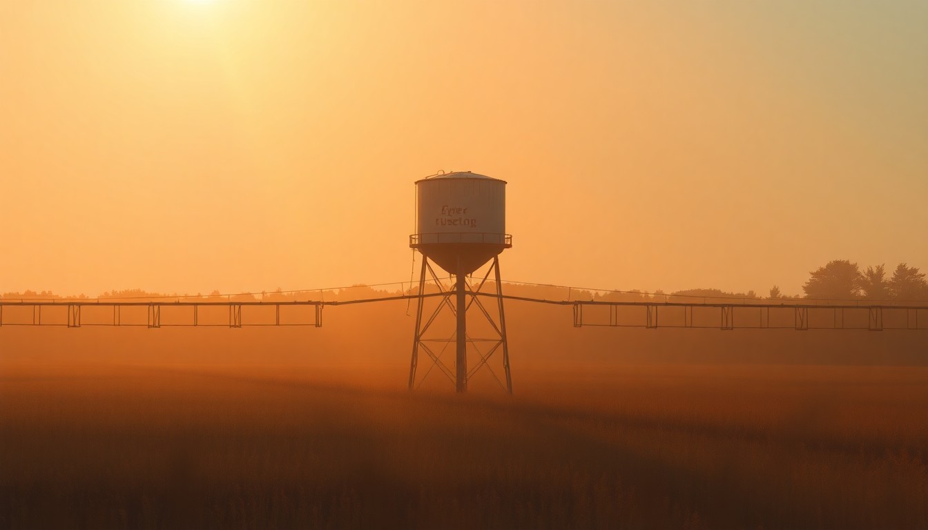 A serene, photorealistic painting of a solitary water tower or irrigation equipment in a rural setting, with warm sunlight casting long shadows across the scene, conveying a sense of the tension between agricultural production and environmental stewardship.