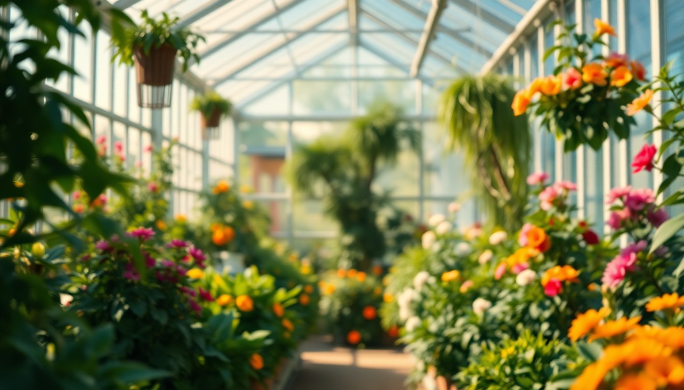 An abstract, impressionistic photograph of a greenhouse interior filled with blurred, colorful plant life and soft, diffused natural light, evoking a sense of serene renewal.