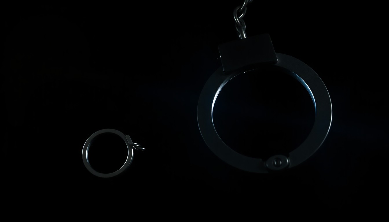 An extreme close-up photograph of a handcuff key against a pitch-black background, lit by a harsh, direct camera flash, conceptually representing the serious and gritty nature of a sexual abuse investigation.