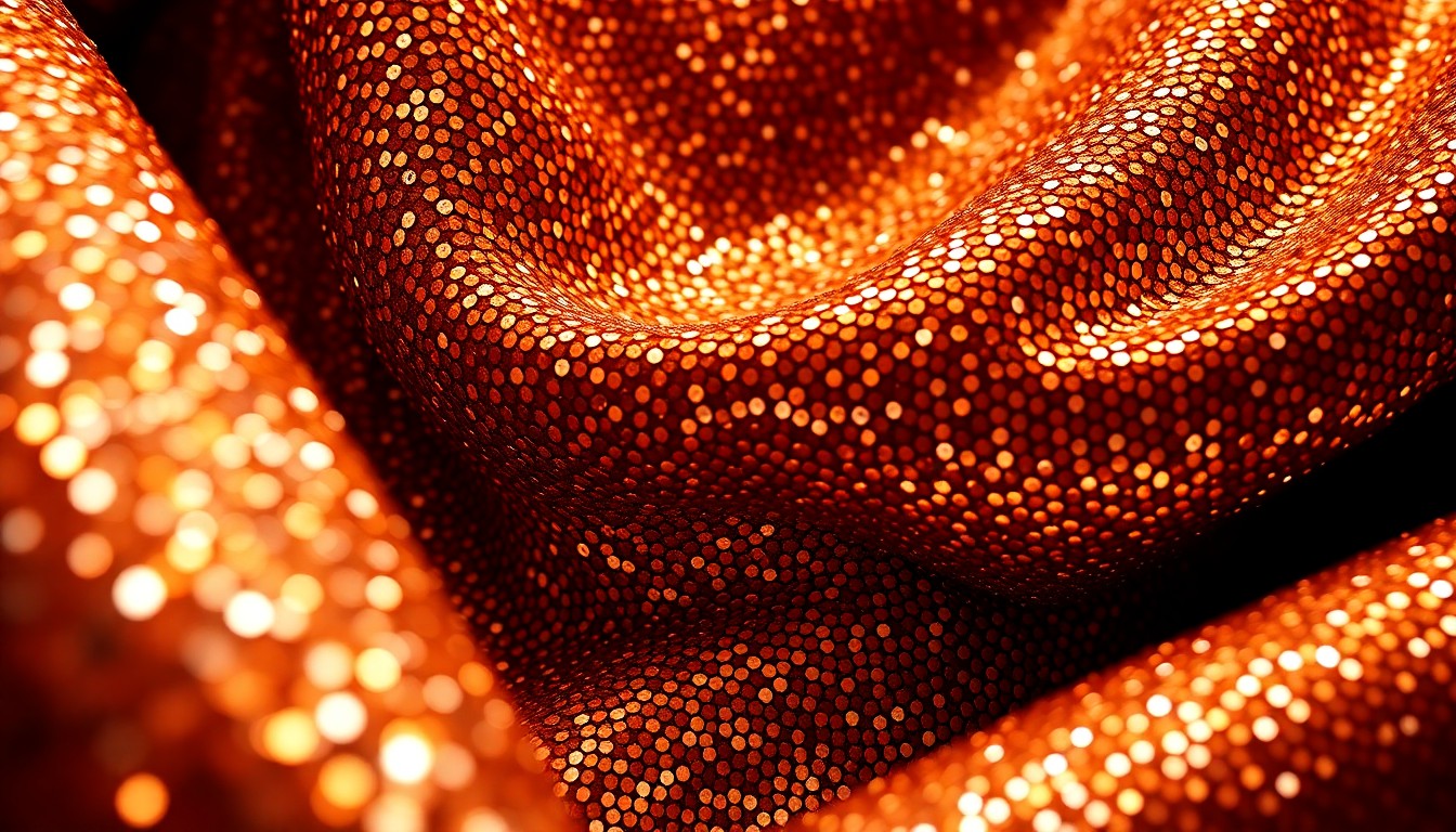An extreme close-up photograph of shimmering, glittering sequins and metallic fabrics, capturing the glamour and high-energy of a major music festival performance.