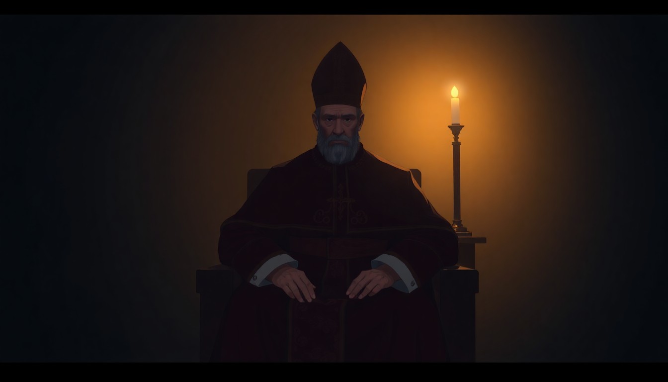 A moody, cinematic painting of Pope Leo XIV sitting alone in a dimly lit room, the warm glow of a lamp casting deep shadows across his contemplative face, conveying a sense of solitude and moral uncertainty.