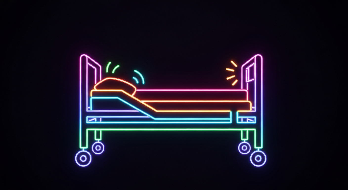 A glowing neon outline of a hospital bed against a dark background, conceptually representing the issue of nursing homes discharging patients to unprepared homeless shelters.