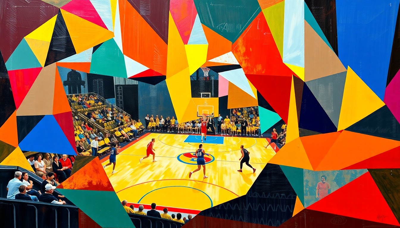 A dynamic, cubist-inspired painting depicting fragmented, geometric shapes and planes of vivid colors representing the action and energy of a WNBA basketball game, conveying the conceptual idea of a major draft-day trade reshuffling the league's talent.