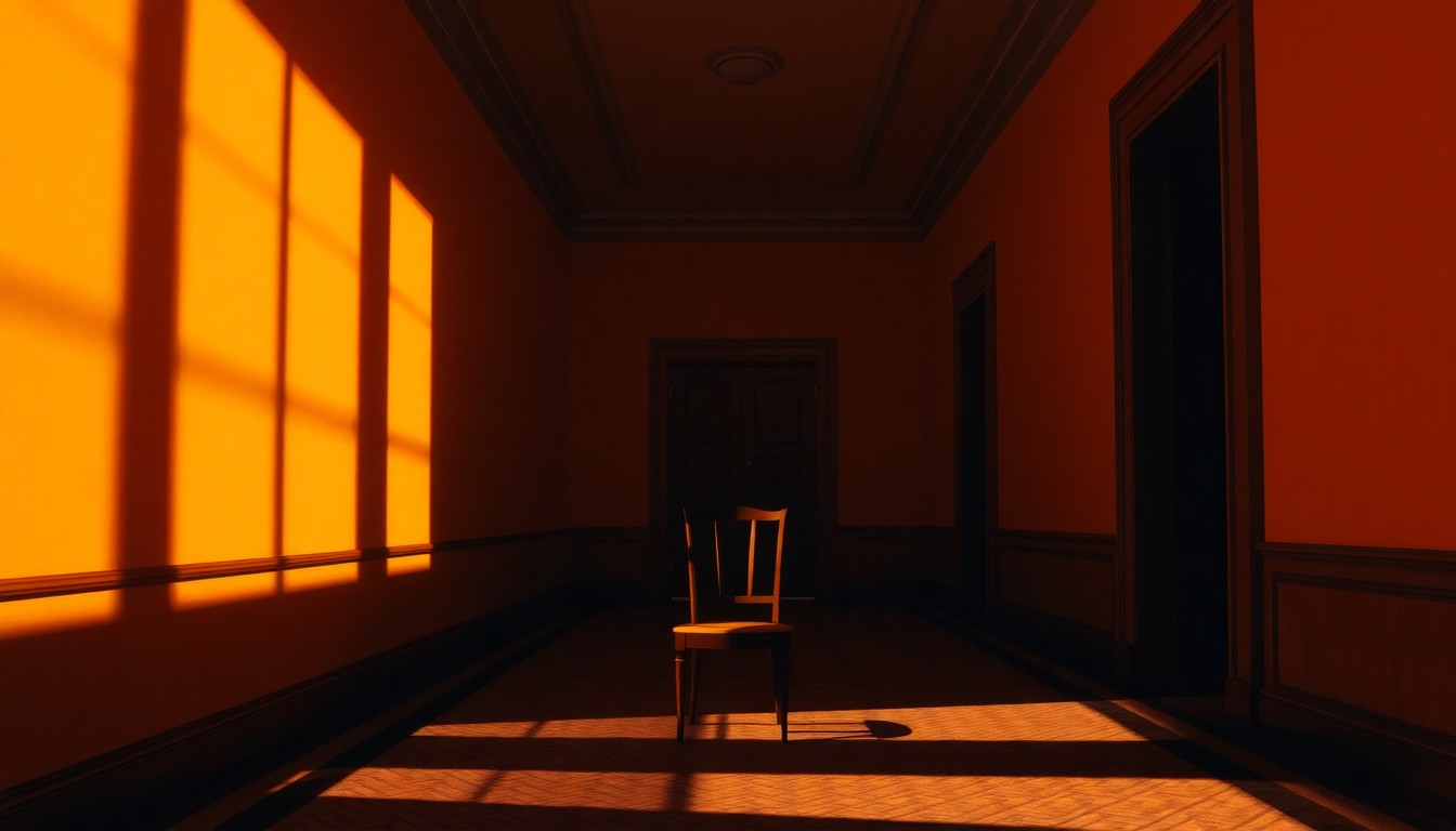 A dimly lit, cinematic hallway in a government building, with a single chair in the foreground casting a long shadow. The scene conveys a sense of isolation and tension, conceptually representing the political divisions that can arise within state legislatures.