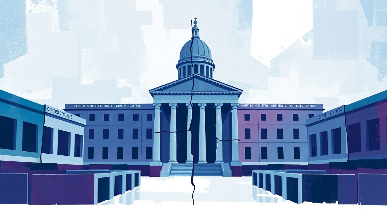 A fractured, abstract painting in shades of blue, grey, and purple, depicting an indistinct government building or legislative chamber, conveying a sense of political tension and division.