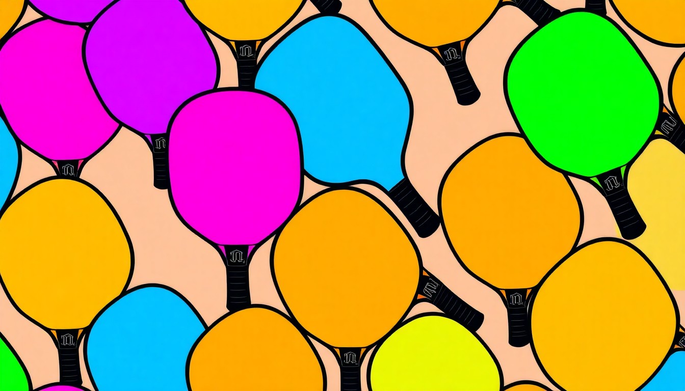 A bold, colorful silkscreen-style illustration featuring a repeated pattern of a bright yellow pickleball paddle against a vibrant pink and blue background, conceptually representing the county's efforts to provide new sports amenities in a cost-effective manner.