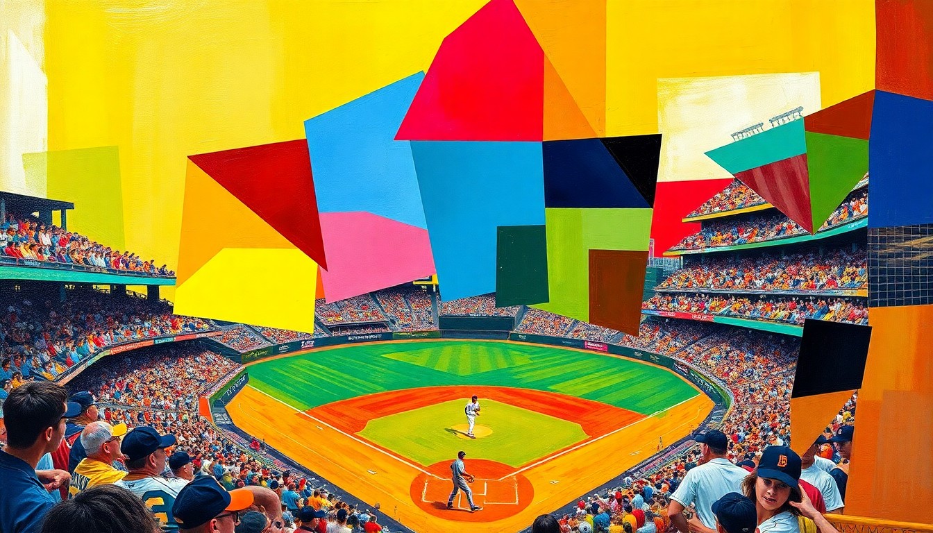 A fragmented, cubist-style painting depicting a baseball game in motion, with players and the field broken down into angular, overlapping shapes in bright blues, reds, and yellows.