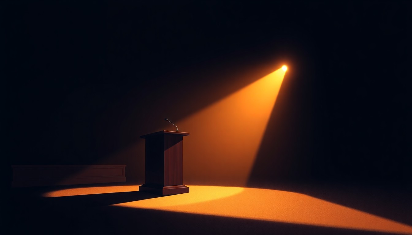 A serene, cinematic painting of a city council podium in a dimly lit room, with warm sunlight streaming in through a window and casting deep shadows across the scene, conveying a sense of quiet contemplation and the importance of local politics.