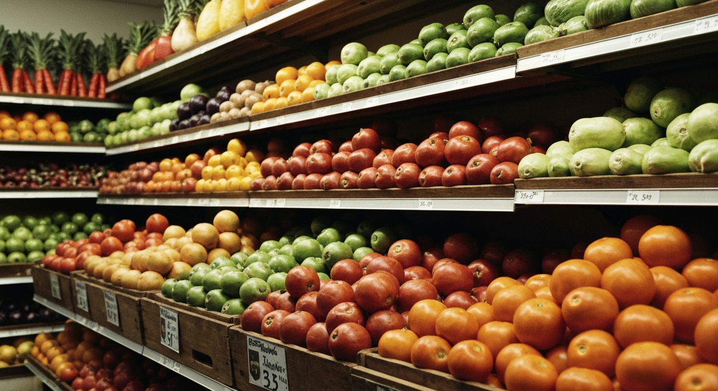 An extreme close-up of the colorful, varied produce and goods lining the shelves of Rainbow Grocery Cooperative, capturing the tactile, industrial nature of the store's offerings in a cinematic, high-contrast style.