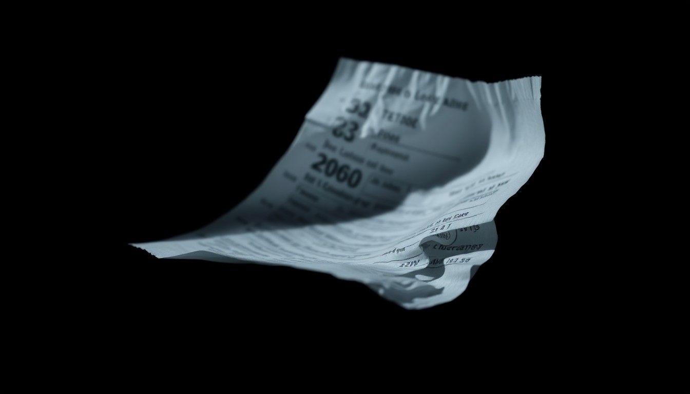 An extreme close-up photograph of a crumpled financial document, the harsh lighting and dramatic framing creating a stark, gritty, investigative aesthetic that conceptually represents the allegations of financial wrongdoing.