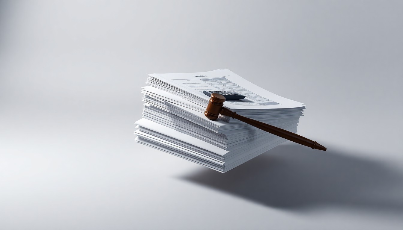 A photorealistic studio still life featuring a stack of financial reports, a calculator, and a gavel floating on a clean, monochromatic background, symbolizing the abstract corporate governance issues at the heart of the Ingles Markets proxy battle.