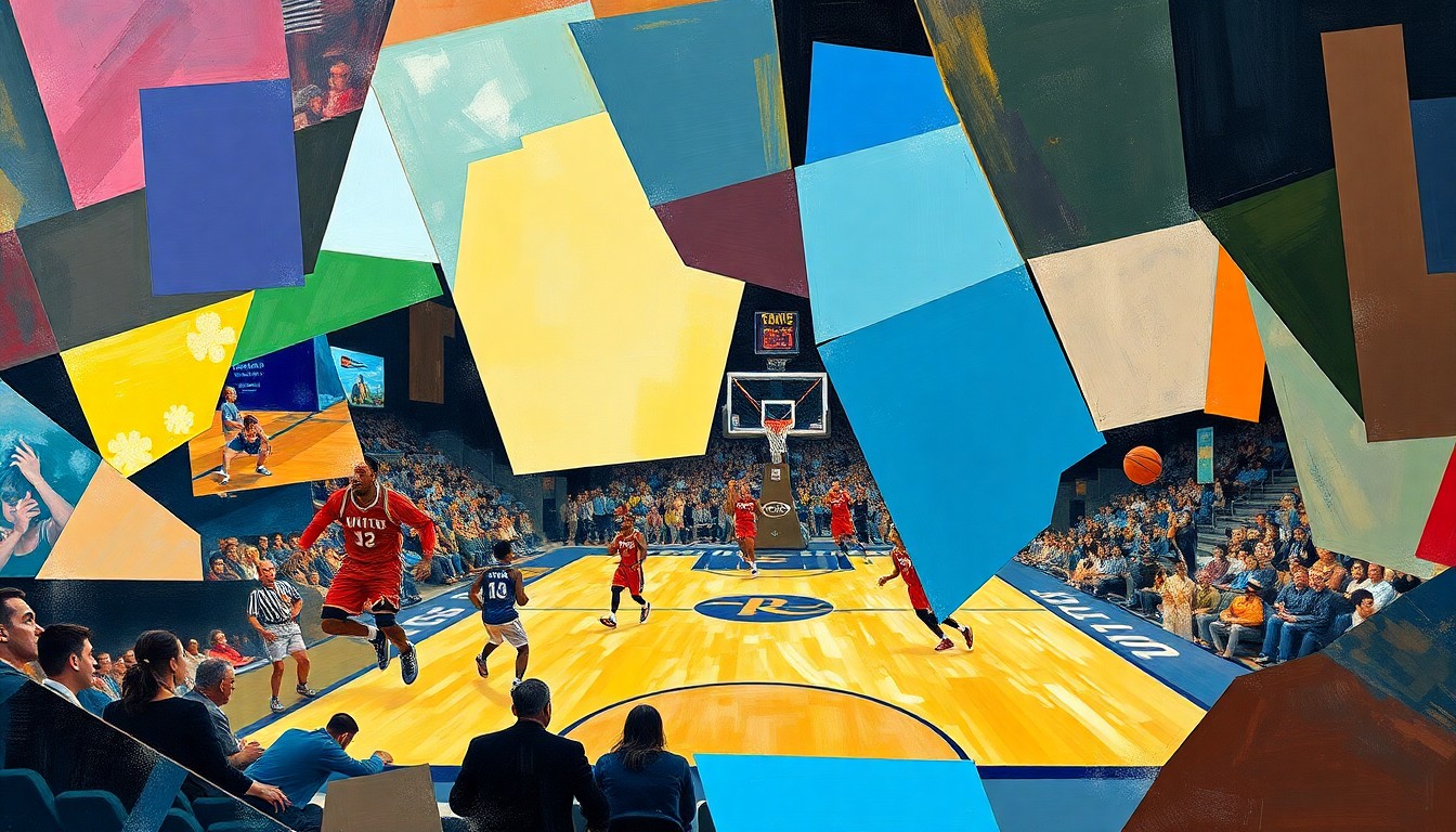 A cubist, geometric painting depicting a WNBA basketball game, with the players and court broken down into sharp, overlapping planes of color and shape, conveying the dynamic energy of the sport.
