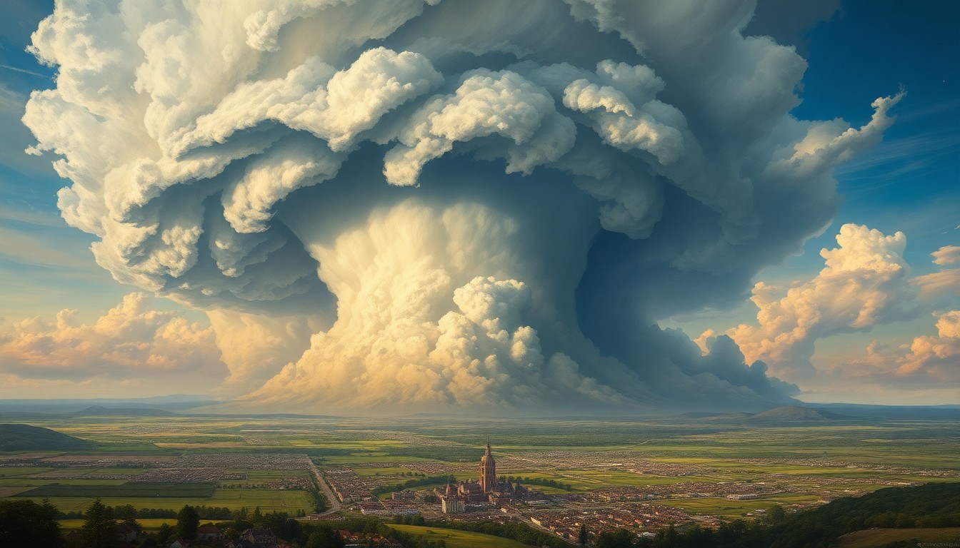 A sweeping, atmospheric landscape painting depicting a massive, swirling supercell thunderstorm dominating the horizon, with a small town or city dwarfed in the foreground, conveying the overwhelming scale and power of the natural forces at play.