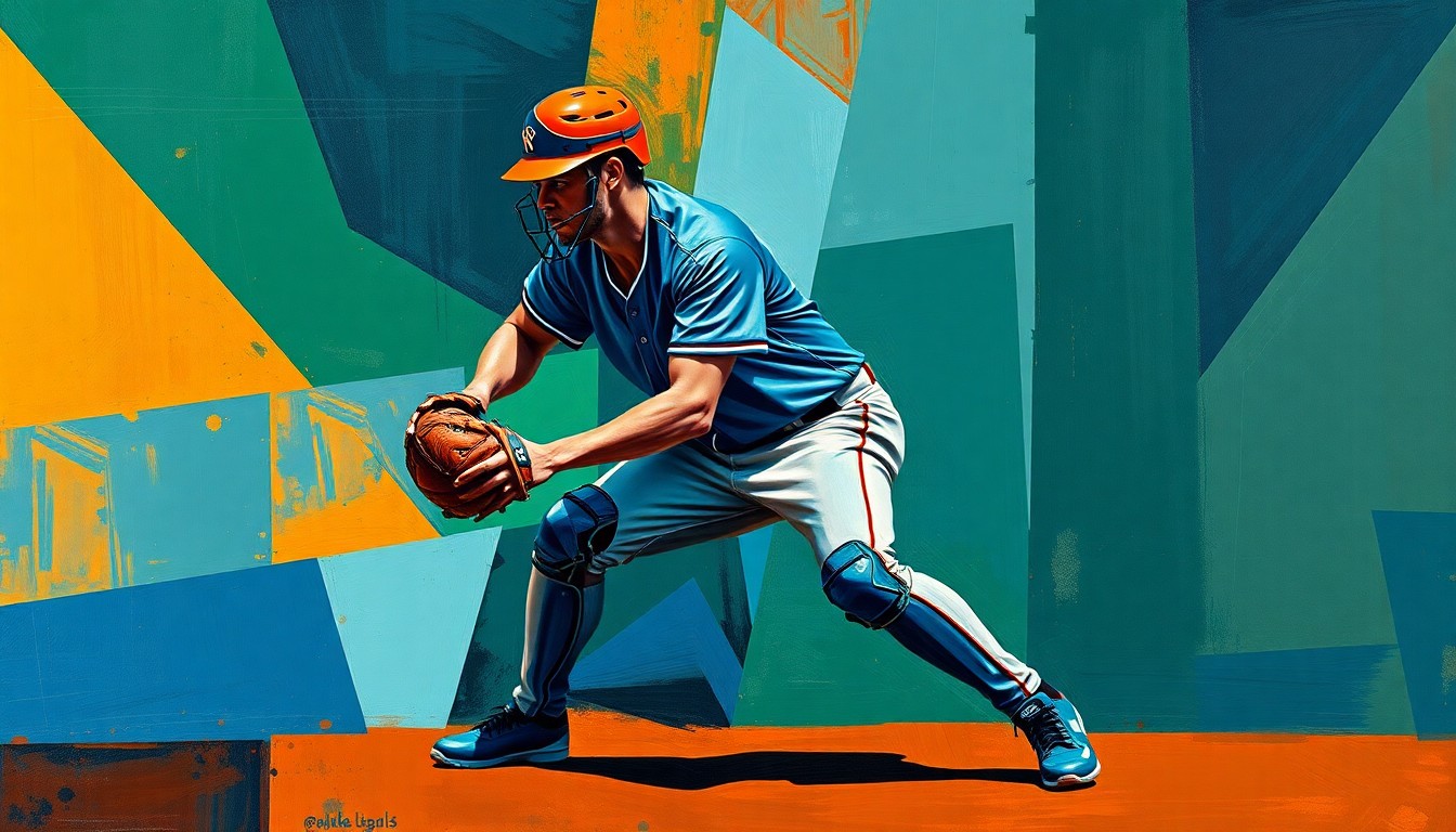 A cubist-style painting depicting a baseball catcher in mid-crouch, broken down into sharp, overlapping geometric shapes in a palette of navy, green, and orange, conveying the dynamic motion and energy of the sport.