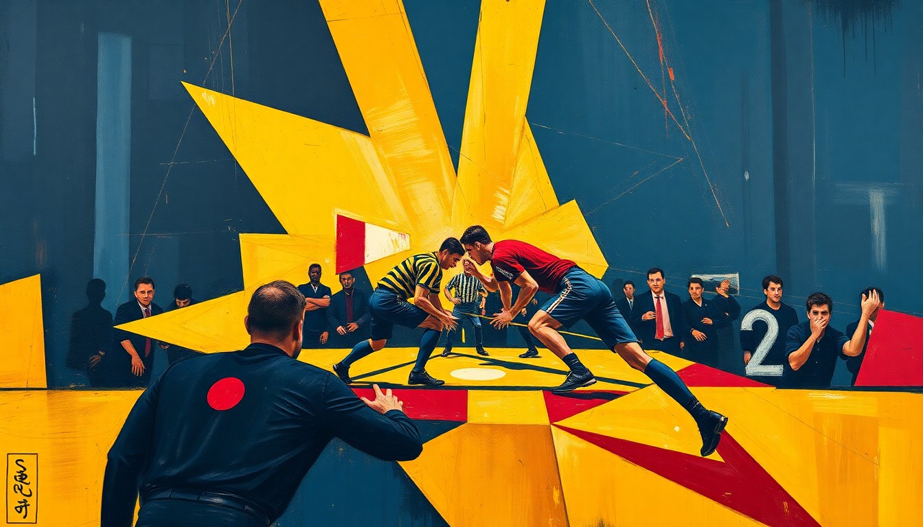 A fragmented, multi-angled painting depicting the action and movement of a college wrestling match, with sharp geometric shapes and planes in navy blue, gold, and crimson red.