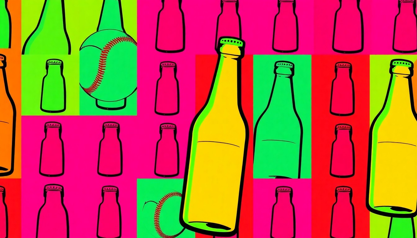 A brightly colored, high-contrast silkscreen print of a single, iconic male friendship object such as a beer bottle or old photograph, repeated in a tight grid pattern in the style of Andy Warhol. The image utilizes flat, vibrant, and unnatural neon color palettes overlapping with heavy black photographic outlines to turn everyday male bonding habits into modern pop art, completely avoiding text or readable labels.