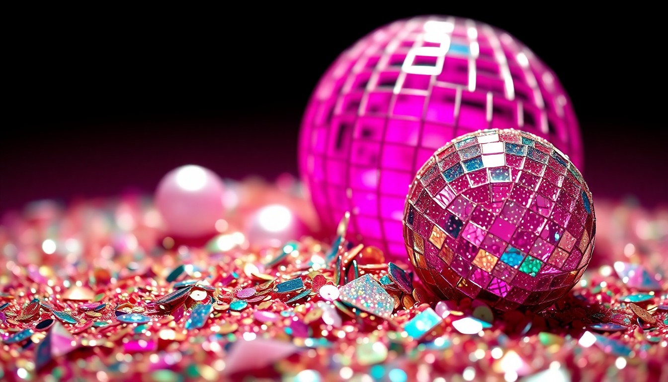 An extreme close-up photograph of shimmering, glittering sequins and disco ball fragments, captured in dramatic high-contrast studio lighting to create a luxurious, high-fashion aesthetic that conceptually represents the energy and glamour of Coachella's Barbie-themed festivities.