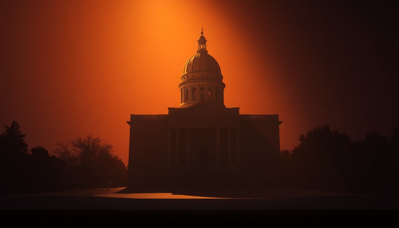 A photorealistic painting of the California state capitol building in Sacramento, with warm sunlight casting dramatic shadows across the grand neoclassical facade, conveying a sense of quiet contemplation about the state's political future.