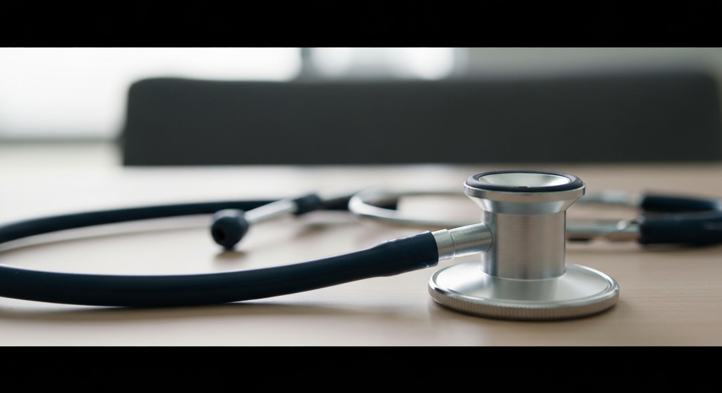 A minimalist design in the style of Keith Haring where a stethoscope is defined entirely by vibrant neon lines against a dark background, emphasizing the shape and energy of a new community healthcare service.