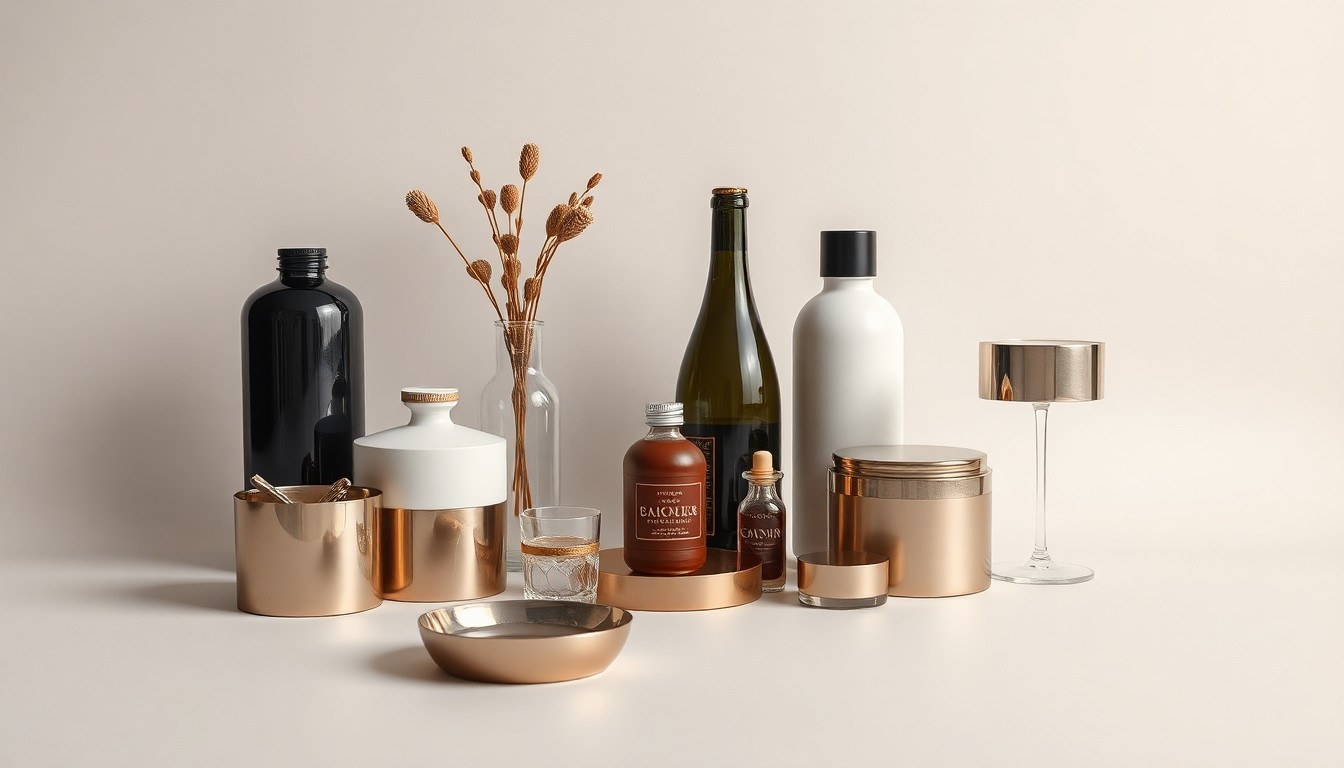 A high-end, photorealistic studio still-life photograph featuring a collection of premium, polished objects arranged elegantly on a clean, monochromatic background, conceptually representing the abstract ideas of hospitality investment, third spaces, and the convergence of culture and community.