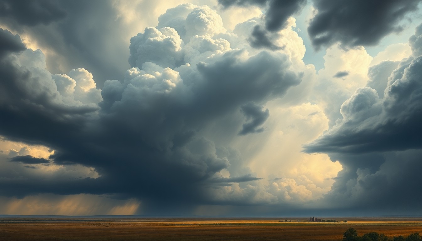 A dramatic landscape painting in the style of Caspar David Friedrich, depicting a massive, turbulent thunderstorm system dominating the horizon over the West Texas plains, with only faint silhouettes of buildings in the distance.