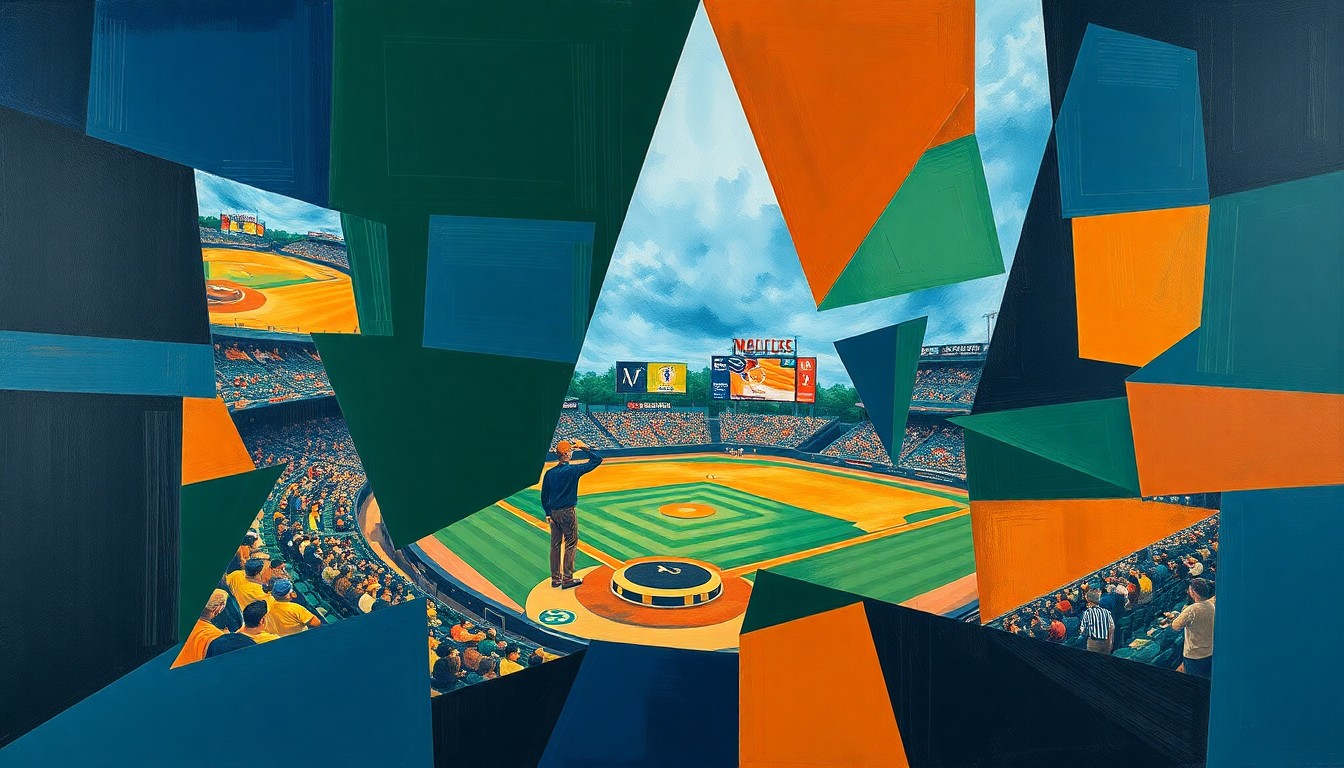 A cubist, geometric painting depicting a fragmented college baseball game, with sharp planes of navy, green, and orange overlapping to create a dynamic, multi-perspective scene.