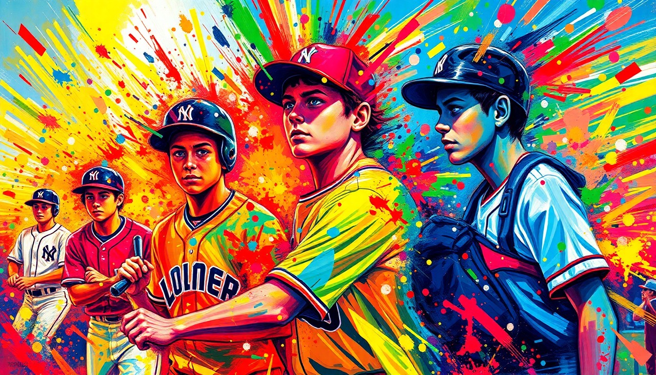 An abstract expressionist painting in vibrant neon colors, capturing the kinetic energy and emotion of a high school baseball game with players' forms dissolving into colorful brushstrokes.